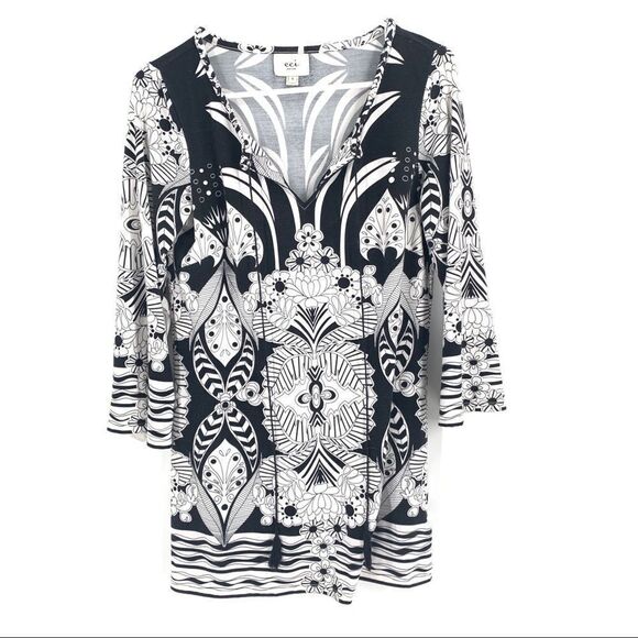 eci New York Black and white stretchy pullover tunic top - Picture 1 of 7